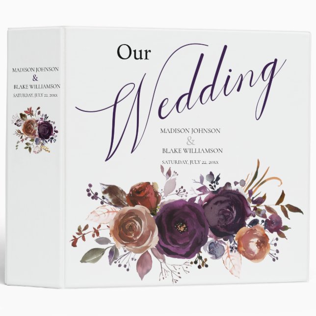 Classeur Élégant Wedding planner Floral Plum violet or (Devant/Côté)