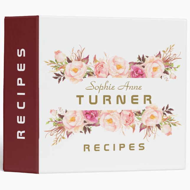 Classeur Elégante aquarelle rose Fleurs Recettes de cadre (Devant/Côté)