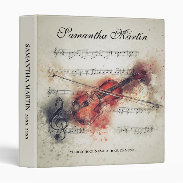 Classeur Elégante aquarelle violon musique scolaire (Devant/Côté)