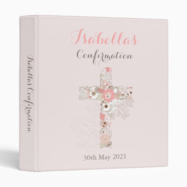 Classeur Elégante confirmation rose pâle nom croisé floral (Devant/Côté)