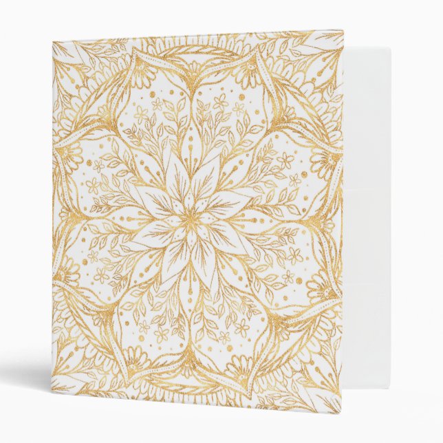Classeur Elégante Fleur Or Mandala Design Blanc (Devant/intérieur)