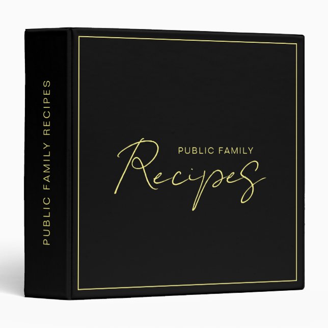 Classeur Élégante recette d'or noir manuscrite moderne (Devant/Côté)