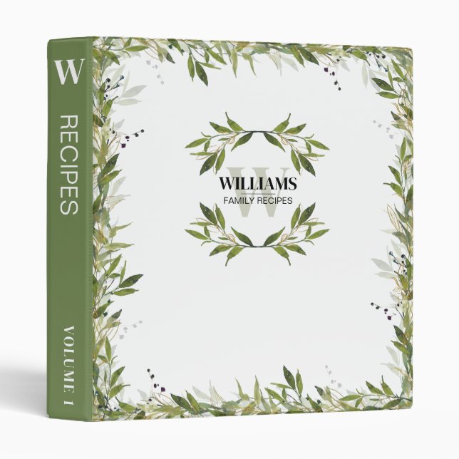 Classeur Élégante Verdure Sage Green Recettes Monogrammes (Devant/Côté)