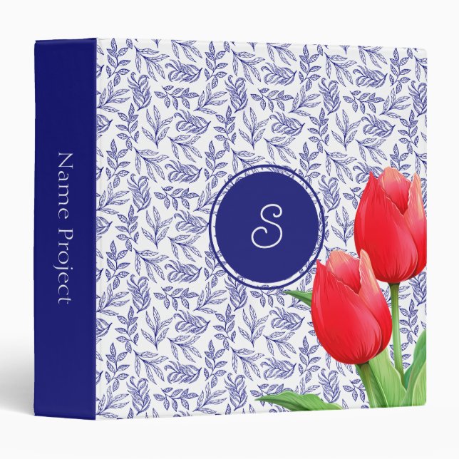 Classeur Élégantes Tulipes Rouges Printemps Floral Blue Mon (Devant/Côté)