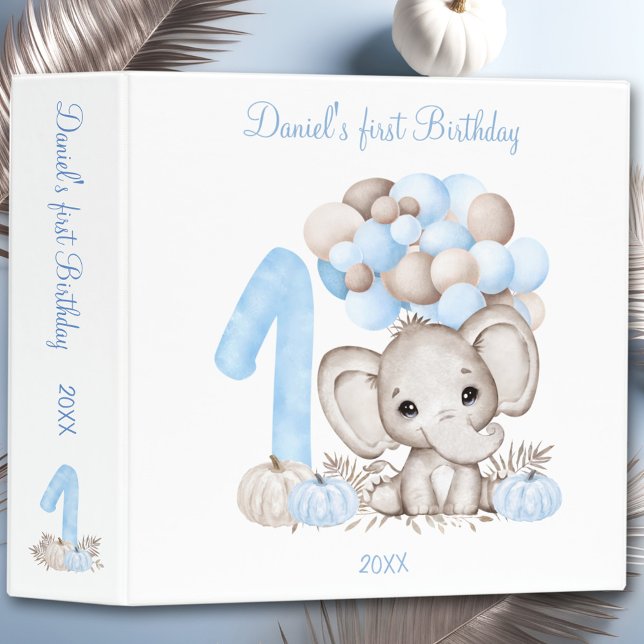 Classeur Eléphant mignon | 1er anniversaire garçon | Album  (Cute Elephant Blue 1st Birthday Boy Photo Album 3 Ring Binder)