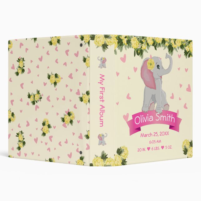 Classeur Eléphant rose mignon avec des roses jaunes (Arrière-plan)
