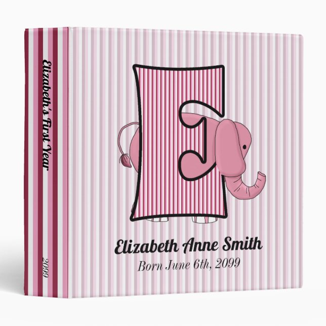 Classeur Eléphant rose Monogramme E Baby Scrapbook (Devant/Côté)