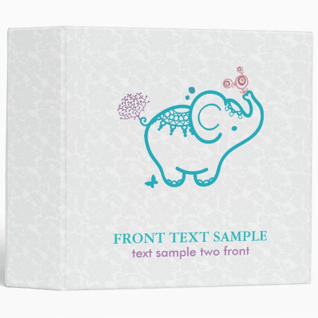 Classeur Eléphant Turquoise Et Blanc Et Fleurs Violettes (Devant/Côté)