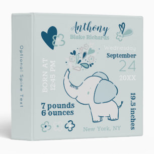 Classeur Eléphants dans Marine & Mint Baby Birth Stats Keep