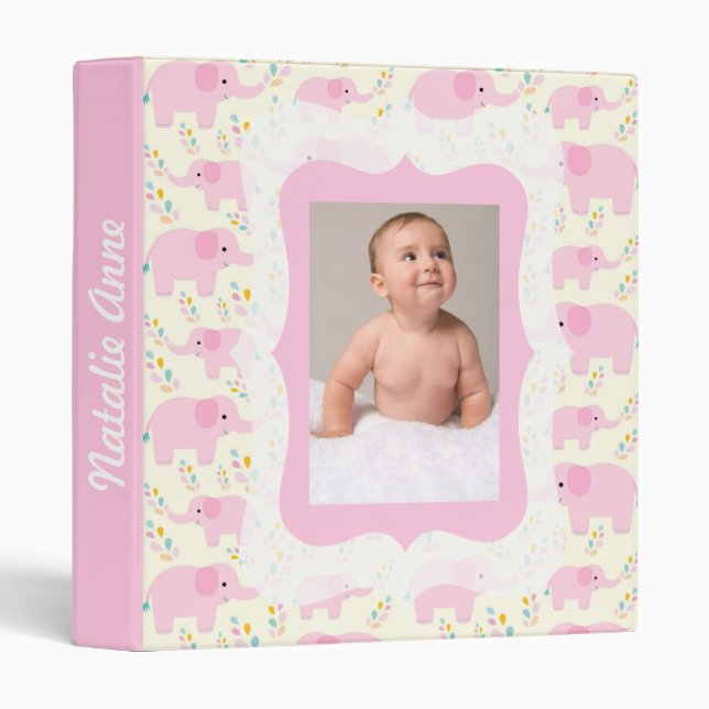Classeur Eléphants roses - Album bébé prêt pour la photo (Devant/Côté)