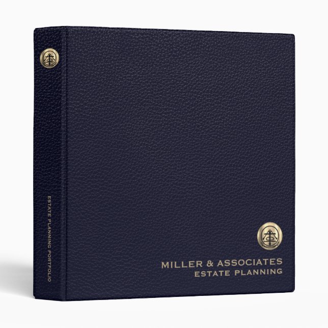 Classeur Emblème d'or de luxe en cuir bleu (Devant/Côté)