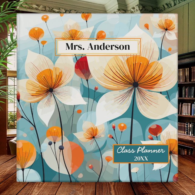 Classeur enseignant Fleur sauvage turquoise Orange (Elegant binder featuring a teal orange wildflower illustration)