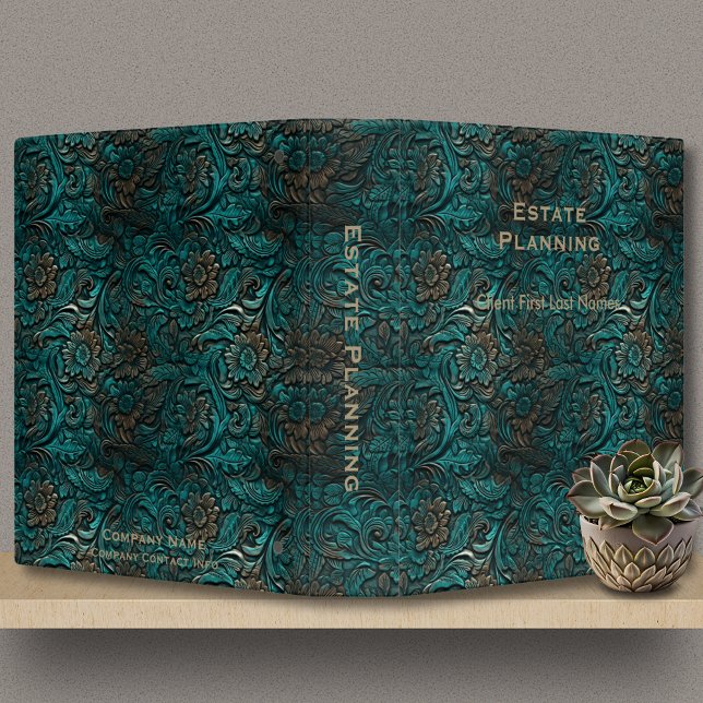 Classeur Entreprise de planification immobilière Nom du cli (Estate Planning Binder in Teal Embossed Leather with Gold Lettering, custom company and client names)