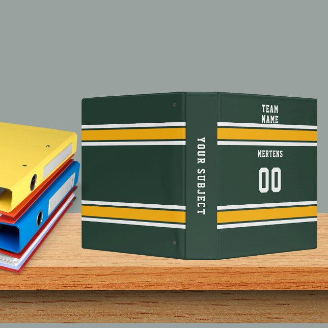 Classeur Équipe sportive Votre nom Numéro Vert Or Blanc (Sports Team Your Name Number Green Gold White 3 Ring Binder)