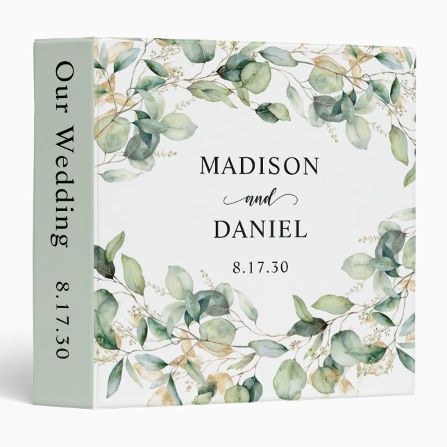 Classeur Eucalyptus Gold Aquarelle Mariage 3 anneau Classeu (Devant/Côté)