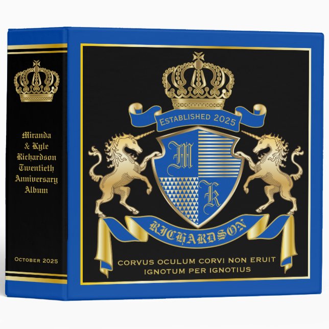 Classeur Faites votre propre manteau Unicorn d'armoiries bl (Devant/Côté)