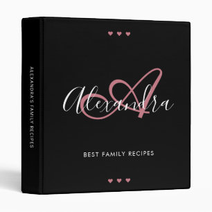 Classeur Family Recette Chic Script Rose noir or Monogramme