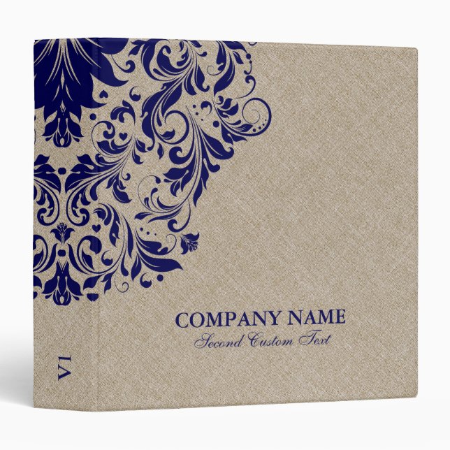 Classeur Faux Beige Lin Burlap Flore Bleu (Devant/Côté)