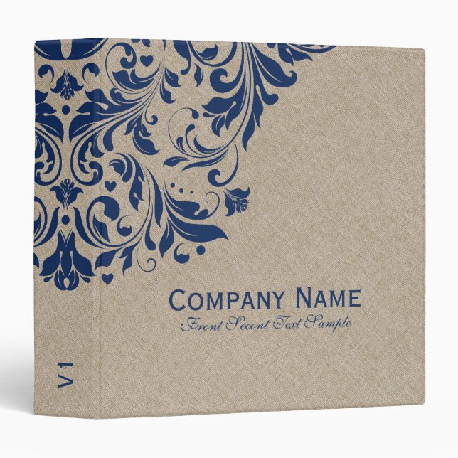 Classeur Faux Beige Linen Burlap Marine Blue Floral (Devant/Côté)