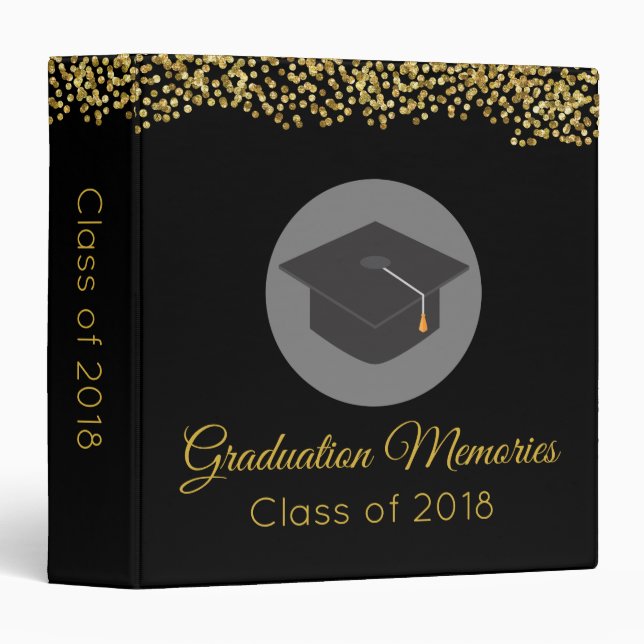 Classeur Faux Gold Confetti & Graduation Cap Classe de 20xx (Devant/Côté)