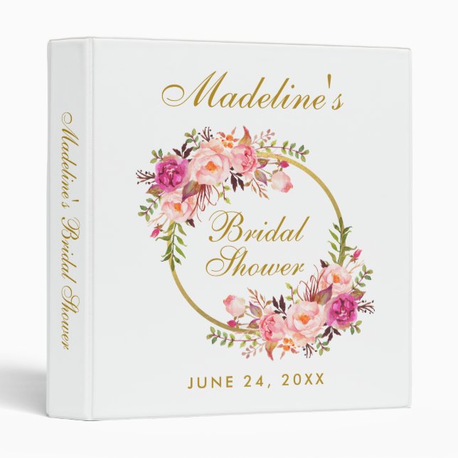 Classeur Fête des mariées Rose Blush Floral Wreath Gold (Devant/Côté)