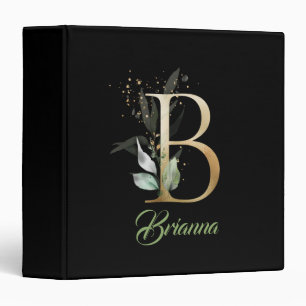 Classeur Feuil doré moderne B monogramme vert eucalyptus