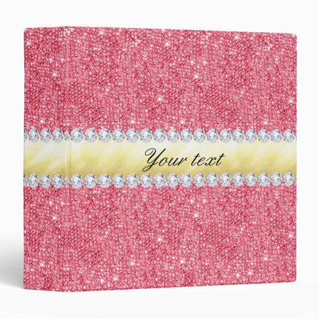 Classeur Feuille d'or et diamants roses de paillettes (Devant/Côté)