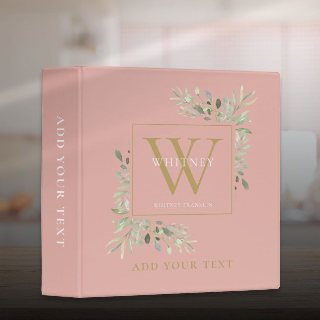 Classeur Feuilles de verdure en or rose Monogramme Bureau É (Rose Gold Greenery Leaves Monogram Office School 3 Ring Binder)