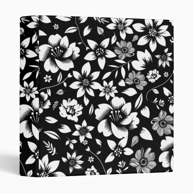 Classeur Feuilles floraux modernes en noir blanc (Devant/Côté)