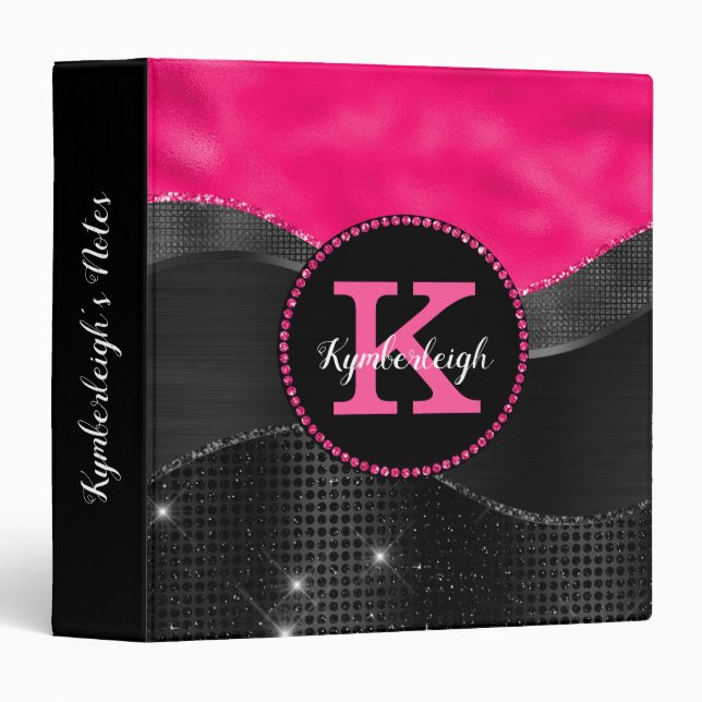 Classeur Fille Black Grey Hot Rose Waves Glam Monogramme No (Devant/Côté)