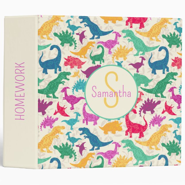 Classeur Fille Florale Dinosaure Silhouette Filles (Devant/Côté)