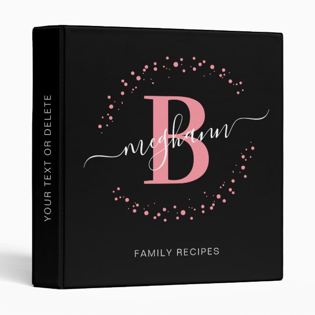 Classeur Fille moderne rose noir Nom Monogramme Recette (Devant/Côté)