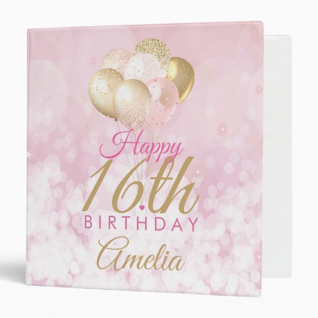 Classeur Fille Parties scintillant rose Ballons 16e anniver (Devant/Intérieur)