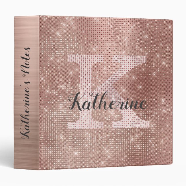 Classeur Fille Rose Gold Diamond Glam Sparkle Monogramme No (Devant/Côté)