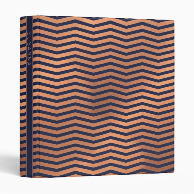Classeur Fille Rose Gold Foil Chevron sur Navy Blue (Devant/Côté)