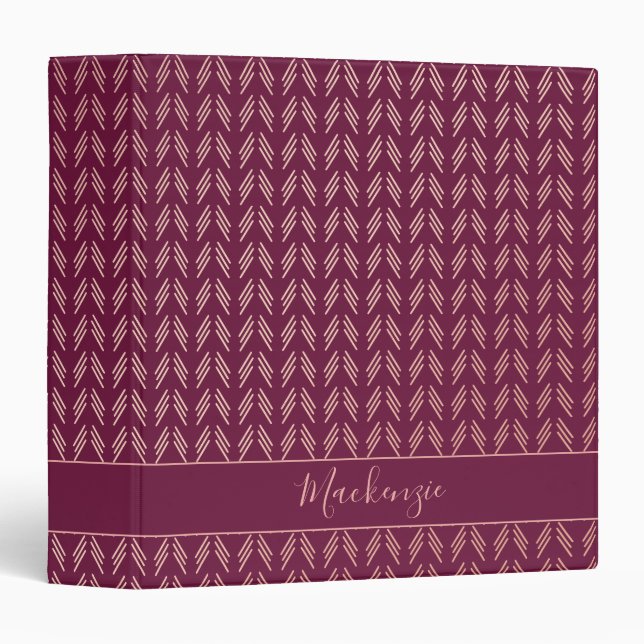 Classeur Fille Rose Rose Gold Foil Tribal Bourgogne Boho (Devant/Côté)