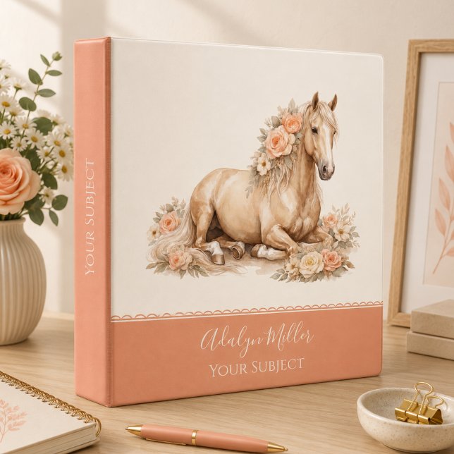 Classeur Fillette Pêche Rose Cheval Monogramme Script (Créateur téléchargé)