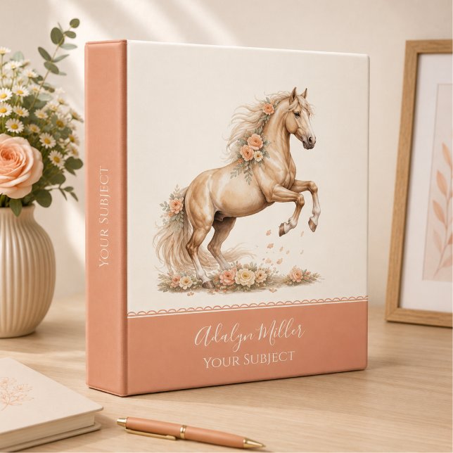 Classeur Fillette Pêche Rose Cheval Monogramme Script (Créateur téléchargé)