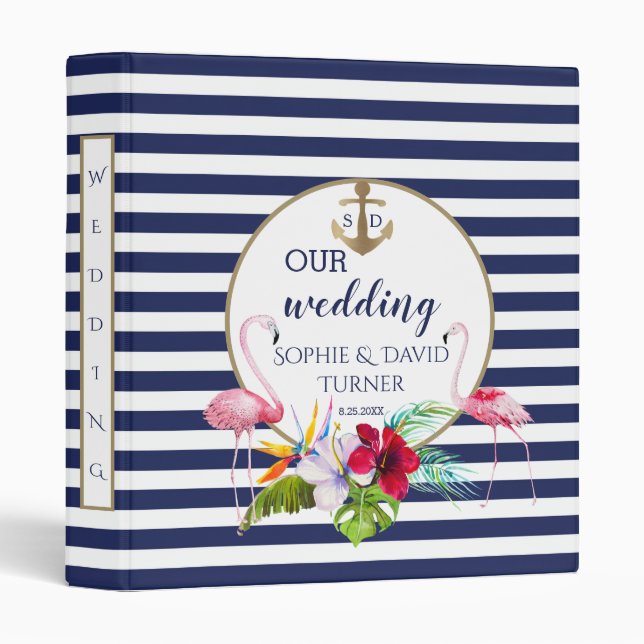Classeur Flamant rose Floral Luau Marine Bleu Mariage Photo (Devant/Côté)