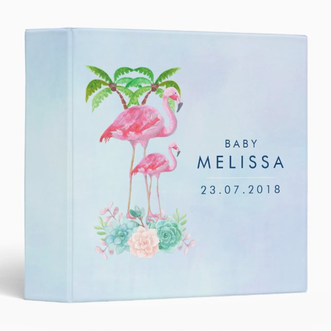Classeur Flamant rose rose Momma & bébé avec palmiers (Devant/Côté)