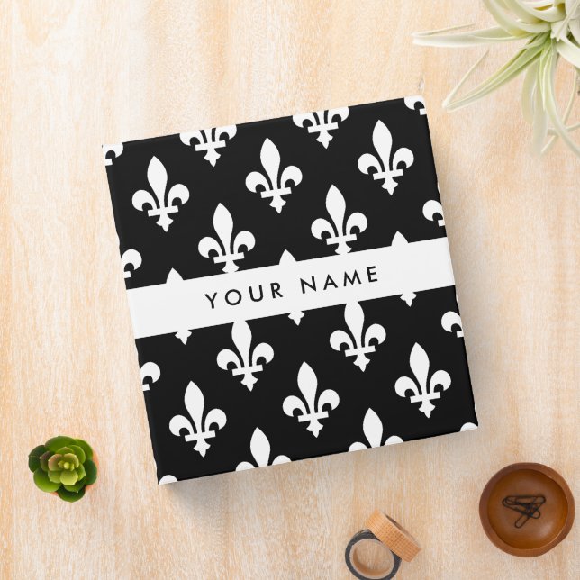 Classeur Fleur de Lis, Blanc sur Noir, Blanc, Votre Nom (In Situ)