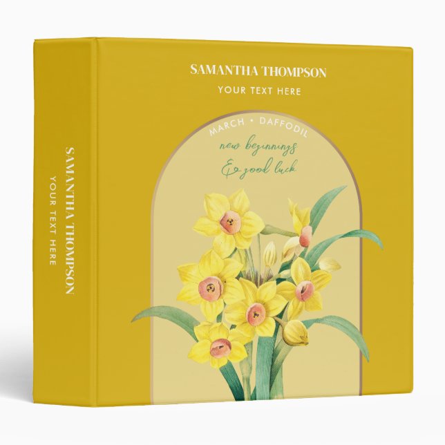 Classeur Fleur de naissance personnalisée Mois mars Daffodi (Devant/Côté)