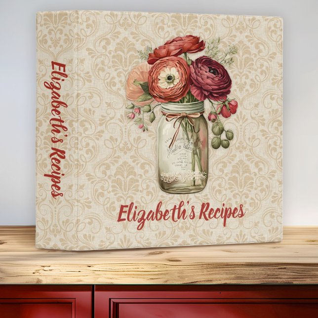 Classeur Fleur sauvage Mason Jar Nom du script Recette (An elegant mason jar with flowers decorates this recipe binder.)