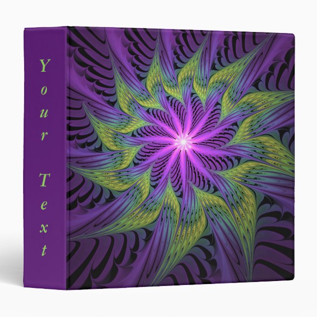 Classeur Fleur vert violet Texte Abstrait fractal moderne (Devant/Côté)