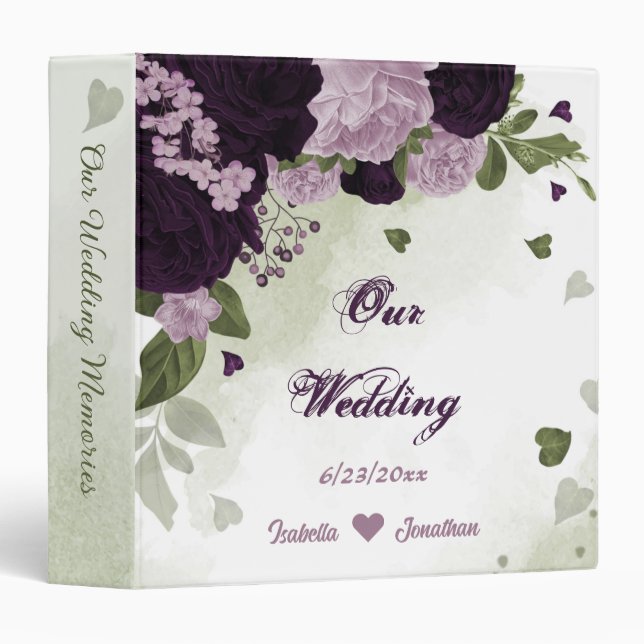 Classeur fleur violet foncé et clair vert album de mariage (Devant/Côté)