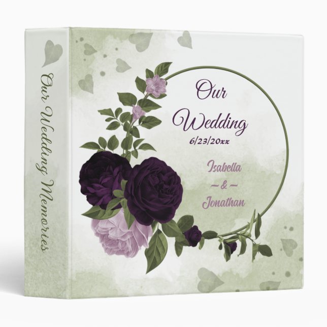 Classeur fleur violet foncé et clair vert album de mariage (Devant/Côté)