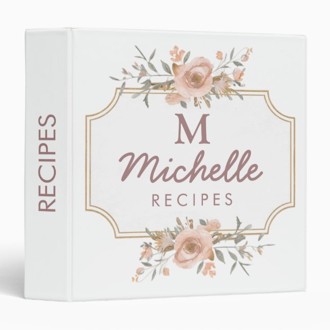 Classeur Fleurs aquarelles Monogramme Script Nom Recette    (Devant/Côté)