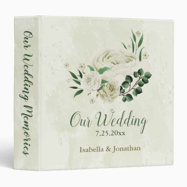 Classeur Fleurs blanches d'ivoire vert album photo mariage (Devant/Côté)