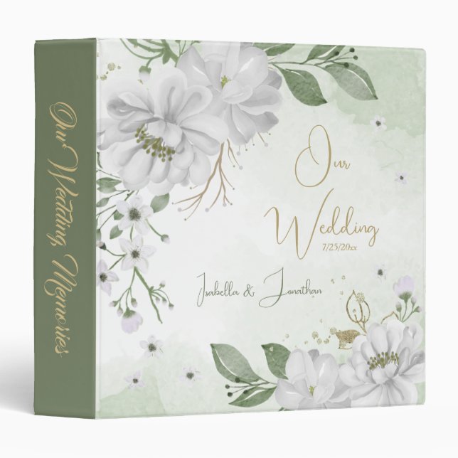 Classeur fleurs blanches verdure or album photo (Devant/Côté)