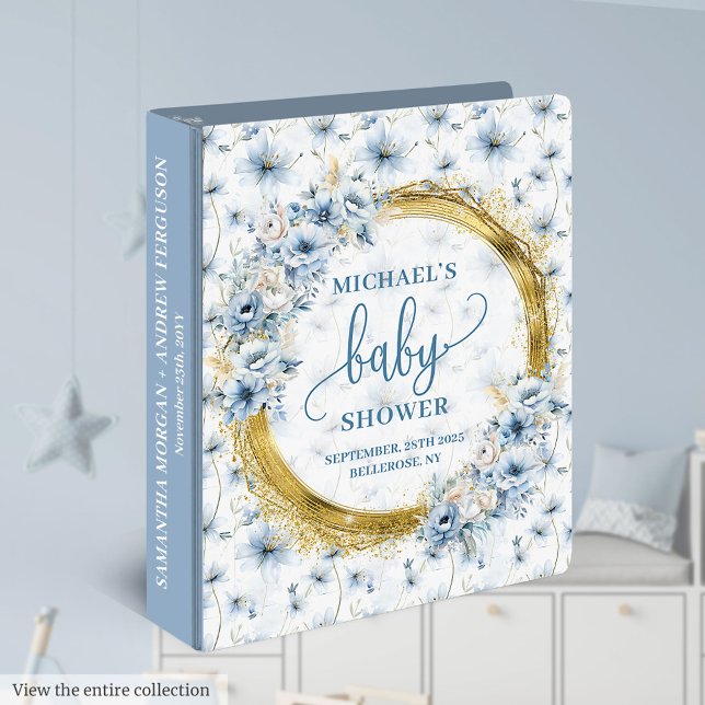 Classeur Fleurs bleu pastel et baby shower or (Dainty pastel blue flowers and gold baby shower 3 ring binder)